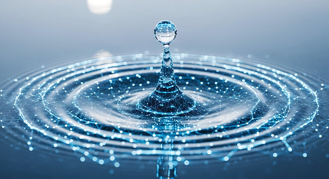 Water drop splash creating ripples with glowing blue digital network wave