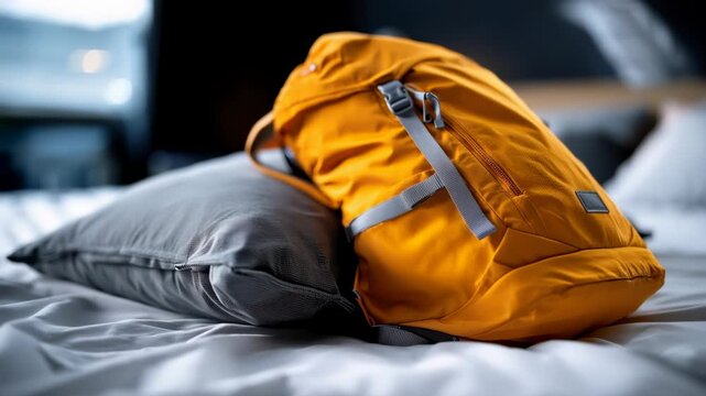 Bright backpack resting on bed in hostel room, symbolizing travel, adventure, and temporary stay