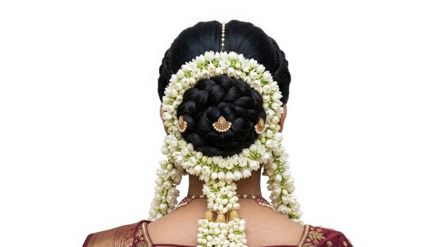 Traditional Indian bridal hairstyle with jasmine flower garland, elegant gajra bun for wedding, ethnic South Indian hair decor isolated PNG with Transparent Background