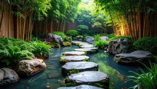 Tranquil Bamboo Forest Zen Garden Stepping Stone Path Over Water.