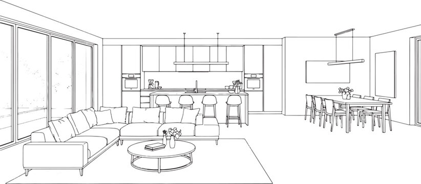 Open plan living room and kitchen interior sketch with sofa dining table and island in a modern architectural line drawing