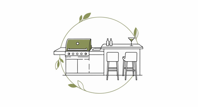 Outdoor kitchen with grill, bar, stools, drinks, and a decorative vine circle