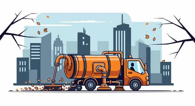 Orange vacuum truck cleans fallen leaves in a city with bare trees