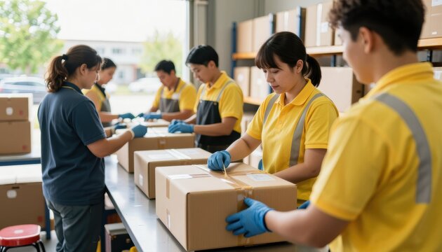 Packaging process in a warehouse employees preparing shipments business environment indoor setting productivity concept