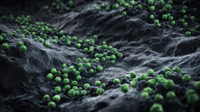 Bacteria cells expanding and multiplying across a textured biological surface, illustrating microbial life, growth, infection, and scientific research at a magnified level