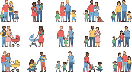 Fototapeta premium Diverse Families with Children, Baby Strollers, and Pet Interactions for Family Life, Parenthood, and Domestic Harmony Designs