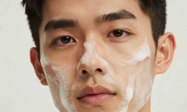 shot young male face facial foam covering skin showcasing smooth complexion soft natural