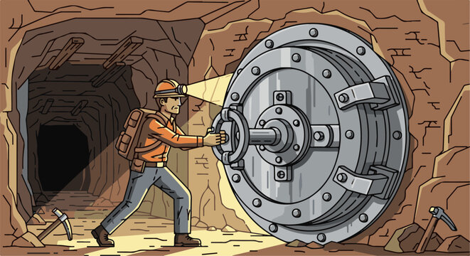 Miner in dark tunnel turning a large vault door wheel with headlamp on