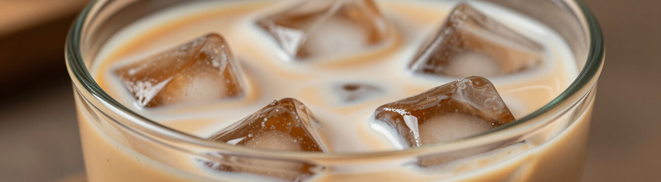 shot transparent glass containing iced coffee milk rotating ice cubes bathed soft warm lighting accentuates