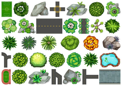 Top view game assets set with trees, rocks, roads, and landscape elements for map design.