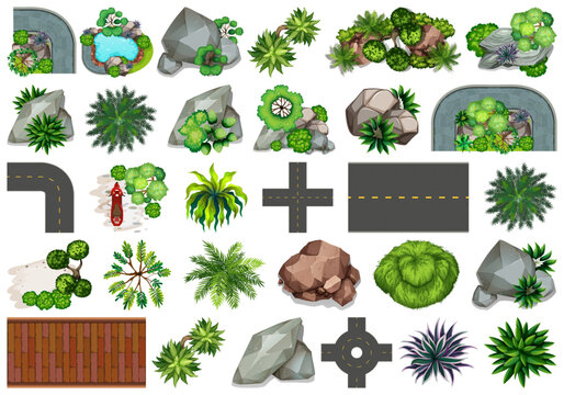 Top view game assets set with trees, rocks, roads, and landscape elements for map design.