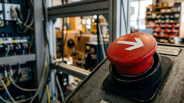 Striking red button with arrow signifying automated exit plan for system-triggered profit optimization