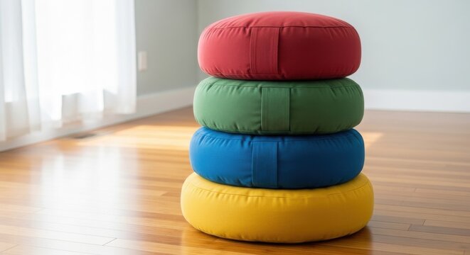 Stack of Colorful Meditation Cushions Resting on a Wooden Floor