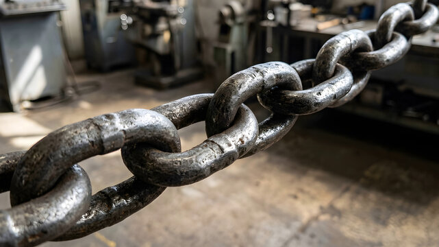 Metal chain link representing connection teamwork strength and security