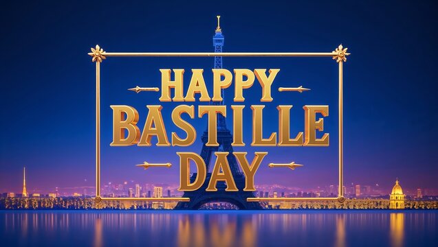 Happy bastille day celebration with eiffel tower in paris at night