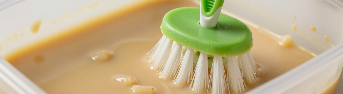 green dish brush submerged container congealed leftover food fat visible chunks floating surface soft diffused