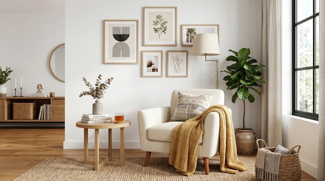 Cozy living room interior with armchair side table artwork interior design home decor coffee table wall art