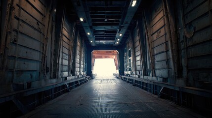 Fototapeta premium Industrial cargo hold tunnel creating a strong sense of transition and progress, moving from a dark, enclosed space towards a bright, unknown future or destination