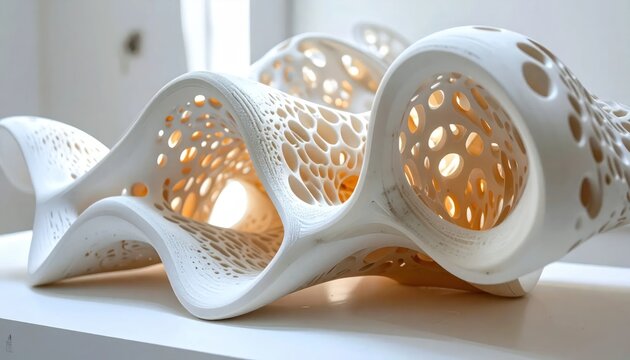 White Wavy Perforated Ceramic Sculpture Glowing on Minimal Window Ledge