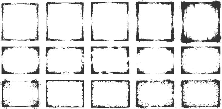 Set of grunge rectangular borders rough black edge frames distressed ink brush strokes texture vector illustration