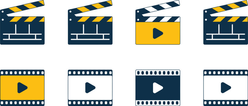 Movie, clapperboard and video icon row, modern flat vector set featuring film slate play button and media production symbols for cinema and digital video editing design.