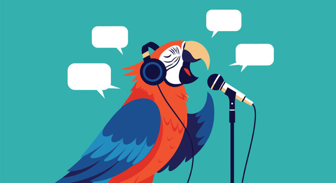Parrot wearing professional headphones speaks into a studio microphone with colorful feathers and empty speech bubbles for creative messaging.