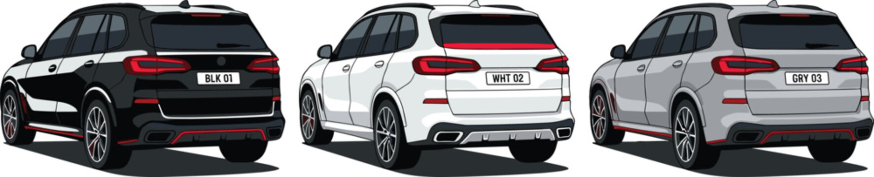 Luxury SUV Car Rear View Set in Black White and Silver Colors Vector Illustration on White Background
