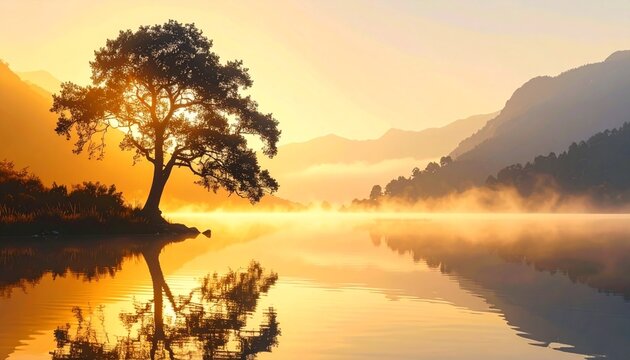 Lonely tree beside a calm lake with misty mountains and golden hour lighting, serene landscape