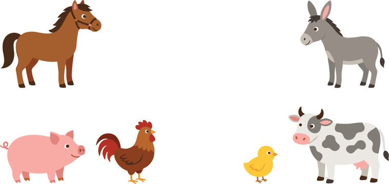 Cute Cartoon Farm Animal Collection Set with Horse Donkey Pig Rooster Chick and Cow Vector Illustration on White Background