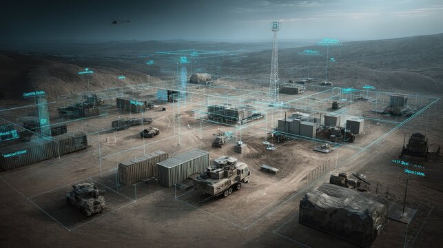 Military base camp in a desert environment showing advanced digital grid mapping, surveillance interface, and futuristic technology for defense and strategic operations