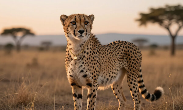 majestic cheetah stands proudly outdoors dusk adorned delicate gold necklace set warm sunset backdrop