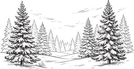 Obraz premium christmas winter forest landscape illustration, hand-drawn vector sketch of evergreen pine trees in a snowy scenery.