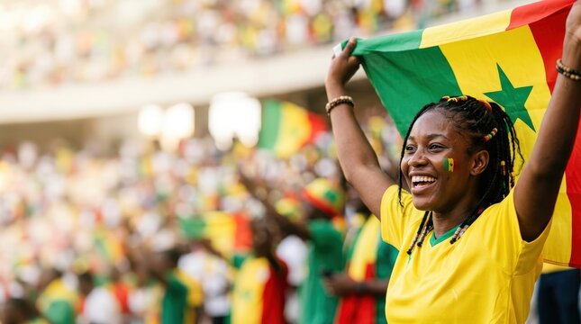 Senegalese football fan celebrating with national flag in stadium