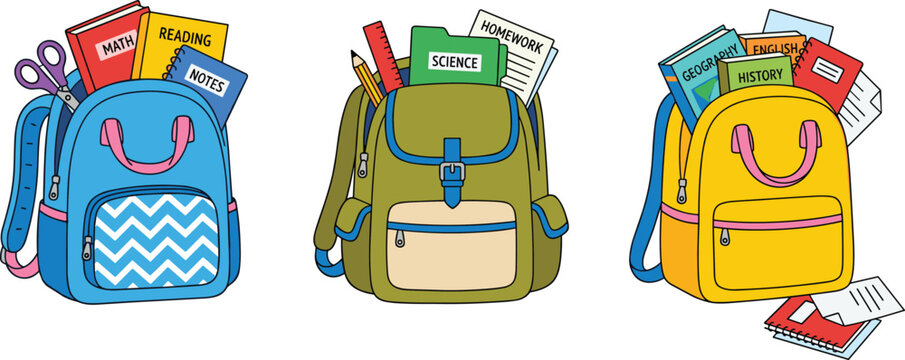 Three Colorful School Backpacks Filled with Books and Stationery Supplies Back to School Vector Illustration on White Background