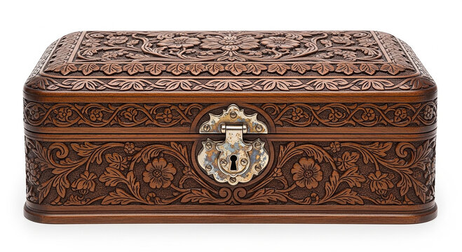 Antique wooden carved jewelry box with ornate floral patterns and metal latch