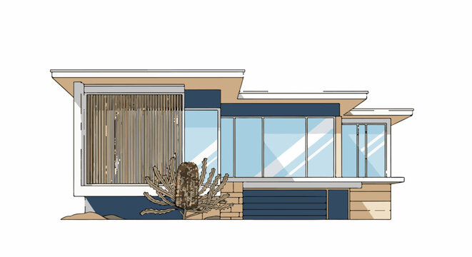 Modern house with large windows and unique exterior screen