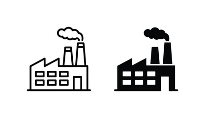 Naklejka premium Industrial Factory Icons, Manufacturing Plant Symbols, Pollution Smoke Vector Graphics, Black and White Building Illustrations