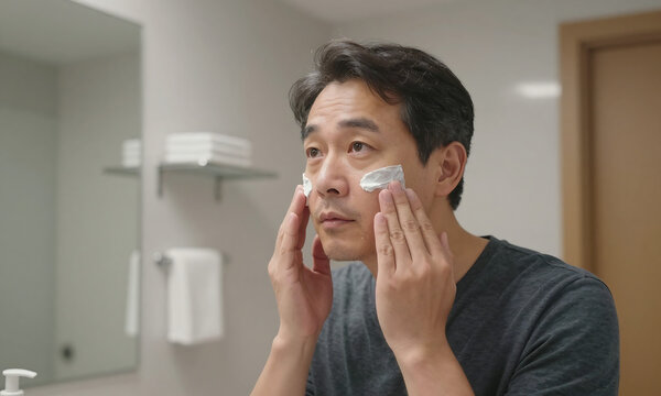 korean man bathroom applying night cream face serene focus highlighted soft overhead