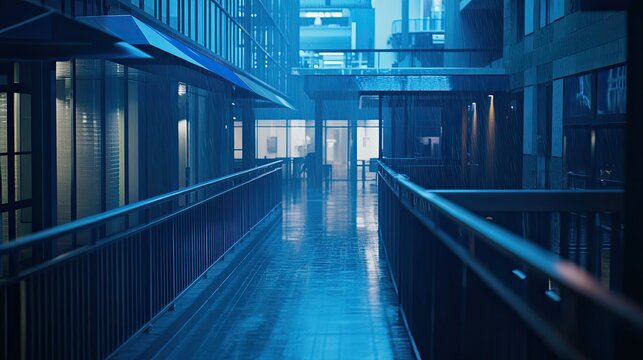Wet urban corridor at night with glass buildings and blue reflections on rain slick sidewalk, illuminated by streetlights moody, empty, futuristic metropolitan solitude