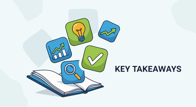 Open book with icons representing ideas, growth, analysis, and success