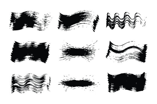 Set of nine black ink brush strokes, wavy lines, and distressed splatter textures on a white background