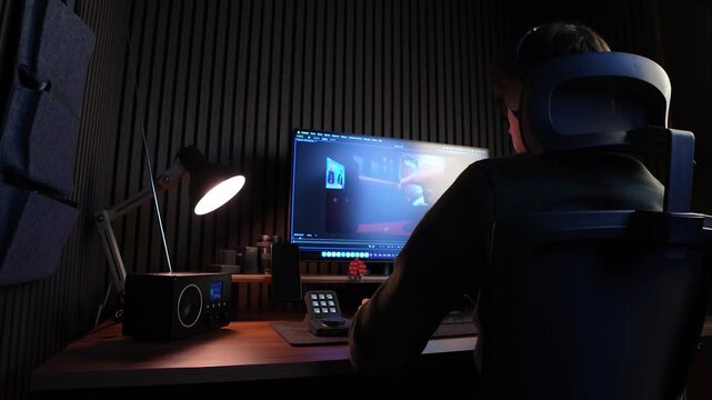 Back view of video editor editing footage on computer at desk. Creative workspace, video production, editing timeline, digital content creation, filmmaking process.