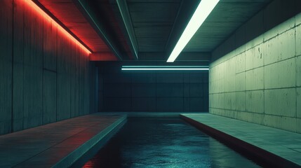 Fototapeta premium Concrete architecture creating a futuristic or brutalist tunnel, reflecting vibrant red and cyan neon lights on a dark water surface, evoking a moody, cyberpunk aesthetic