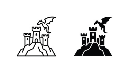 Obraz premium Dragon and Castle Icons, Fantasy Fortress Symbol, Mythical Creature and Medieval Architecture Vector Graphics, Outline and Silhouette Styles