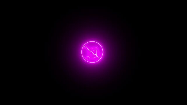 pink neon glowing no sound icon animation, disable play button icon on black background.