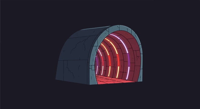 Pixelated stone tunnel with glowing neon lights, leading into darkness