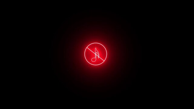 red neon glowing no sound icon animation, disable play button icon on black background.