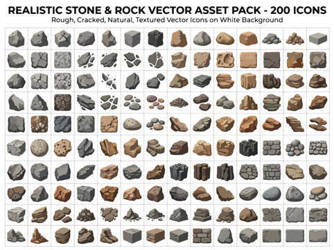 Set of 200 Realistic Stone and Rock Vector Icons