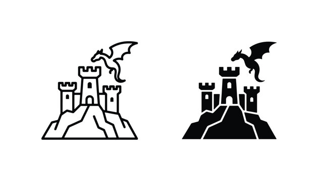 Dragon and Castle Icons, Fantasy Fortress Symbol, Mythical Creature and Medieval Architecture Vector Graphics, Outline and Silhouette Styles
