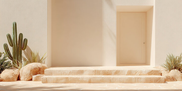 Minimalist Desert Entryway with Cacti and Stone Steps in Warm Sunlight
